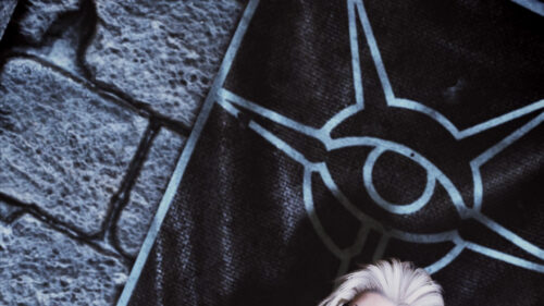 Mysterious Blonde Anime Character with Symbolic Banner Desktop Wallpaper