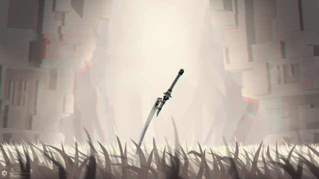 Minimalist Anime Katana Sword in Glitch Art Style Desktop Wallpaper