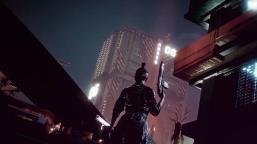 Futuristic Cyberpunk Soldier Standing Before Massive Industrial Skyscraper PC Wallpaper