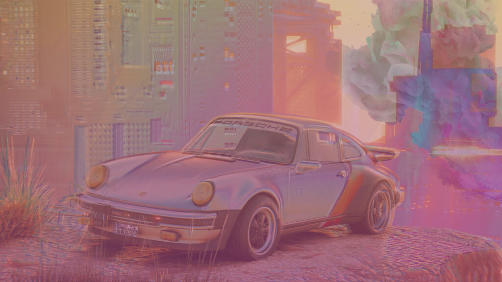 Retro Porsche 911 in Cyberpunk Cityscape 4K Desktop Wallpaper
