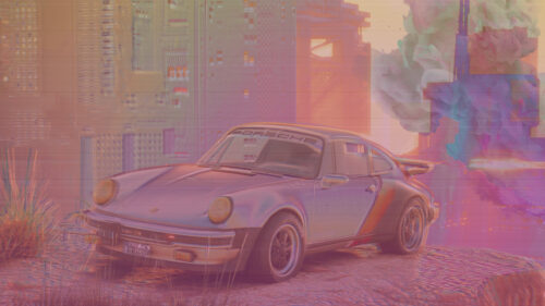Retro Porsche 911 in Cyberpunk Cityscape 4K Desktop Wallpaper