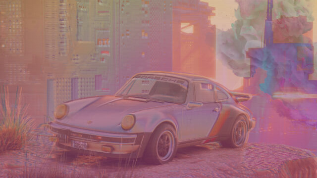 Retro Porsche 911 in Cyberpunk Cityscape 4K Desktop Wallpaper