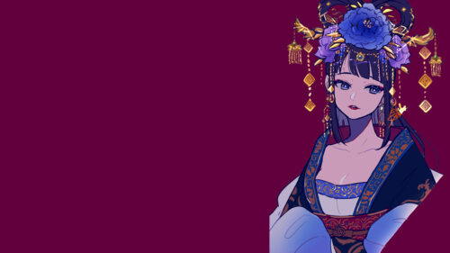 Elegant Anime Empress with Ornate Blue Floral Headpiece 4K Desktop Wallpaper