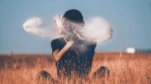 Person Sitting in Golden Grass with Powder Clouds Desktop Wallpaper
