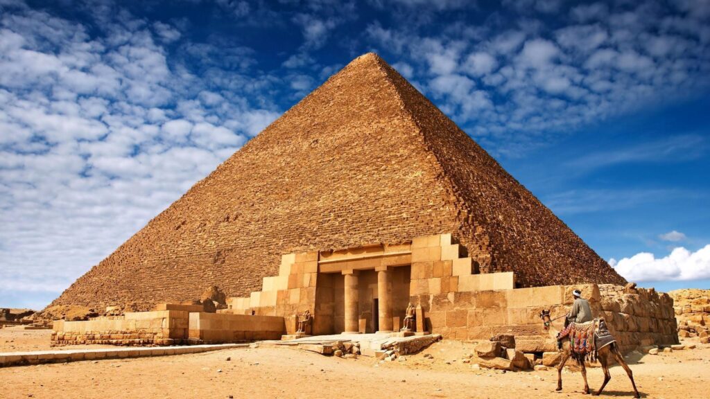 Majestic Great Pyramid of Giza with Camel Rider Desktop Wallpaper