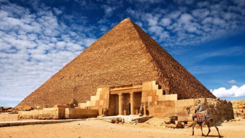 Majestic Great Pyramid of Giza with Camel Rider Desktop Wallpaper