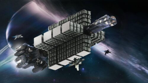 Futuristic Heavy Freight Spacecraft near a Gas Giant Planet 4K Desktop Wallpaper