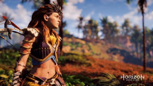 Aloy from Horizon Zero Dawn Standing in a Lush Landscape PC Wallpaper