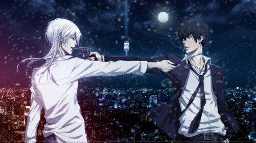 Psycho-Pass Shinya Kogami and Shogo Makishima Standoff Desktop Wallpaper