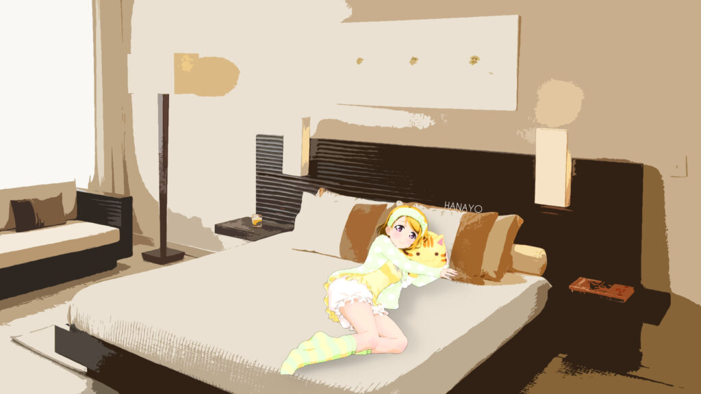 Hanayo Koizumi Anime Girl Resting on a Luxury Hotel Bed Desktop Wallpaper