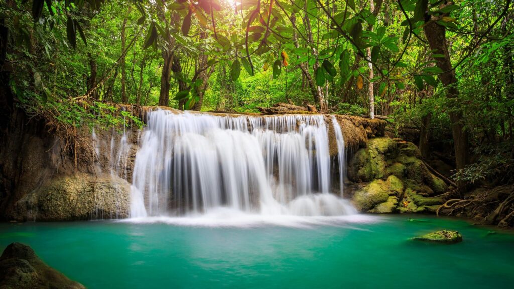 Stunning Erawan Waterfall Tropical Jungle Landscape 4K Desktop Wallpaper