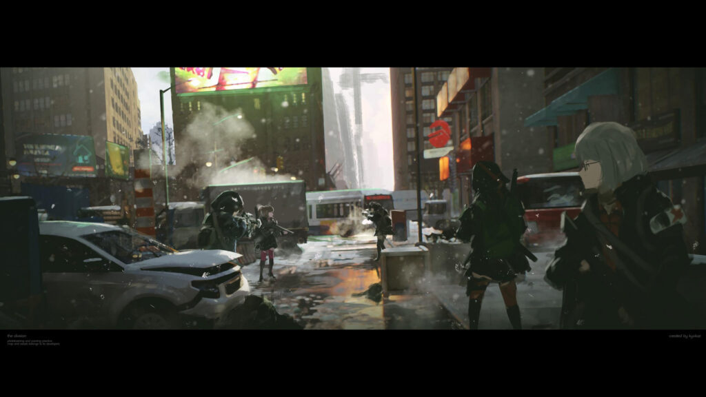 Anime Tactical Squad in Snow Covered City Street 4K Desktop Wallpaper