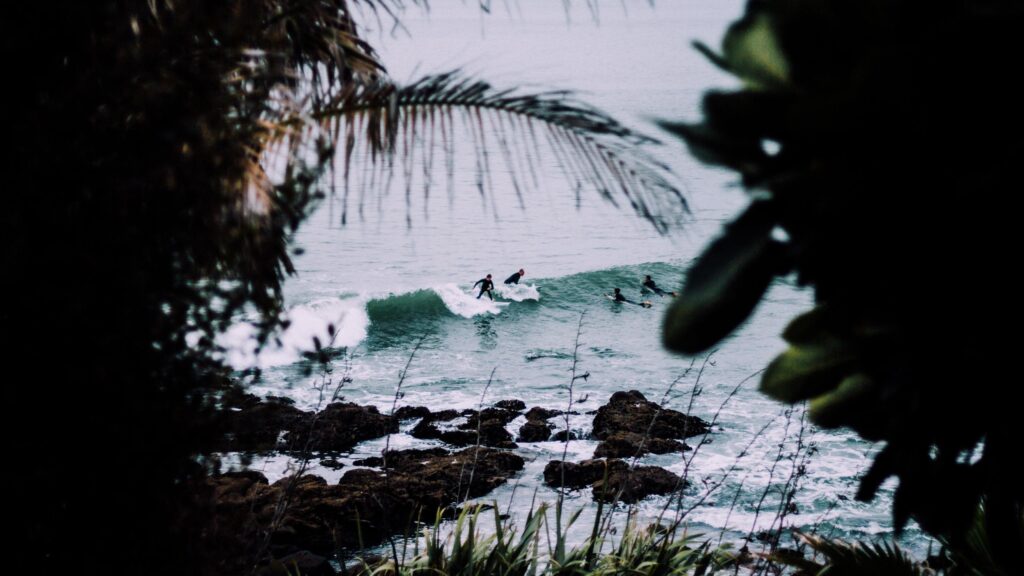 Surfers Catching Ocean Waves Framed by Coastal Foliage Desktop Wallpaper