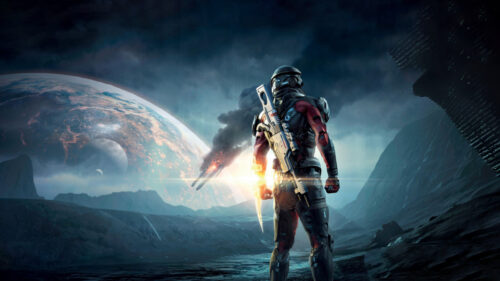 Futuristic Space Soldier Standing on Alien Planet Desktop Wallpaper