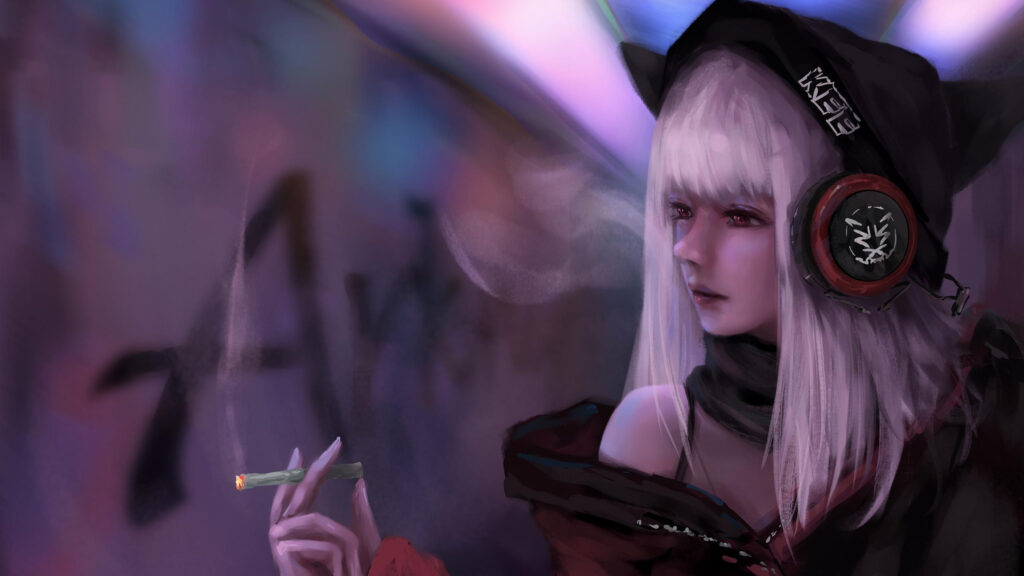 Cyberpunk Girl with White Hair Smoking Anime Style 4K Desktop Wallpaper