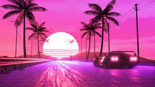 Retro Synthwave Sports Car at Sunset Grid Aesthetic Desktop Wallpaper