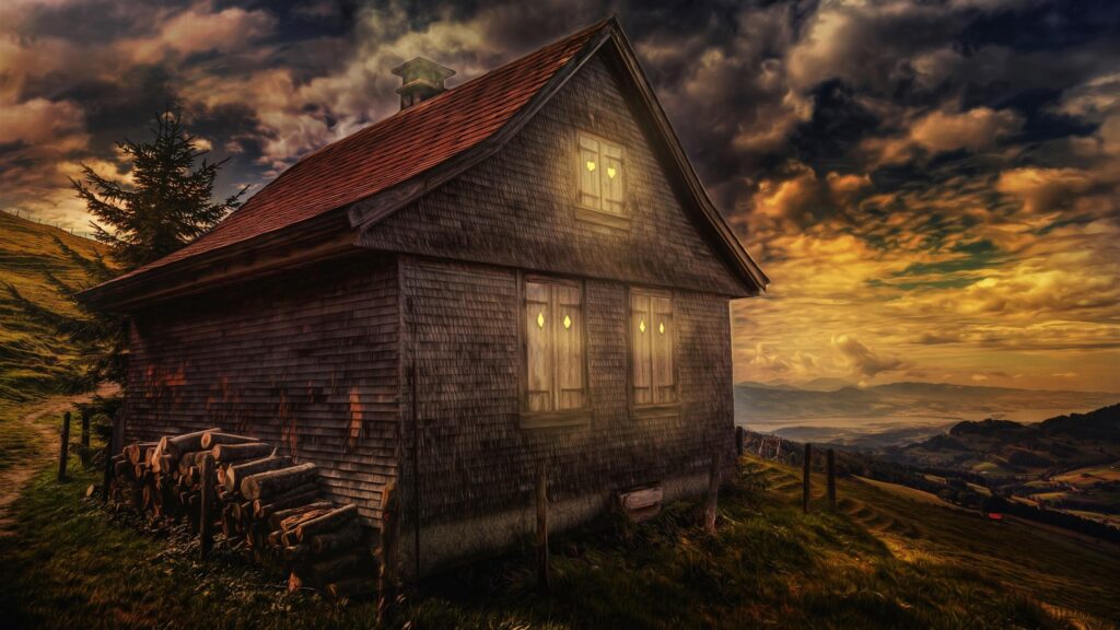 Cozy Wooden Cabin in Mountain Landscape at Sunset 4K Wallpaper