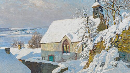 Impressionist Winter Church Landscape Painting Desktop Wallpaper