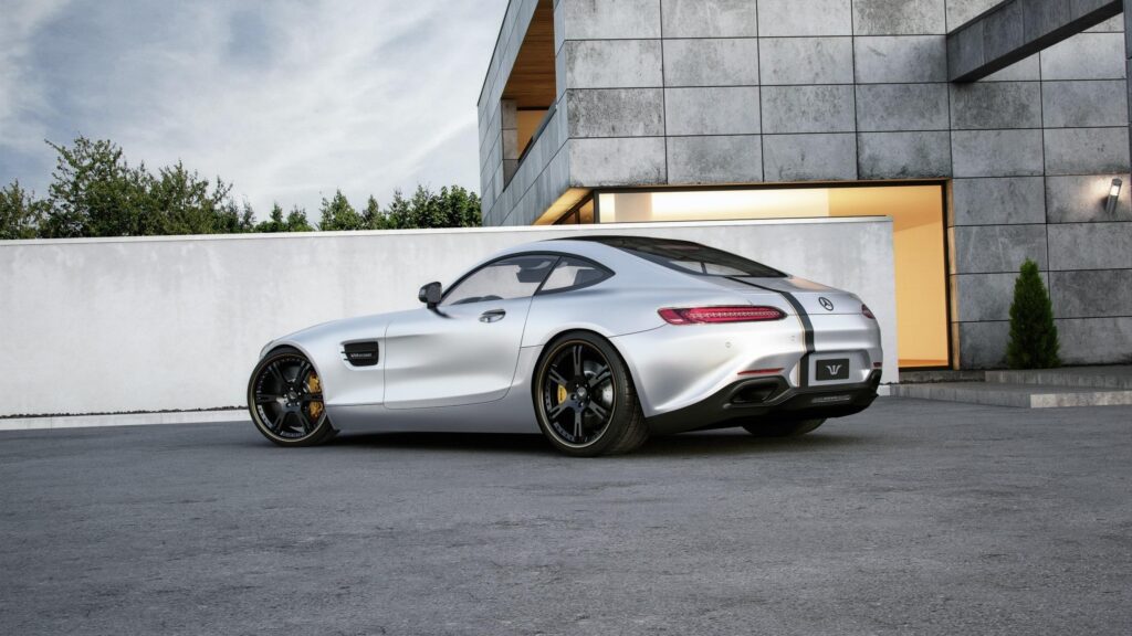 Silver Mercedes AMG GT Sportscar Outside Modern Architecture 4K Wallpaper