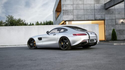 Silver Mercedes AMG GT Sportscar Outside Modern Architecture 4K Wallpaper