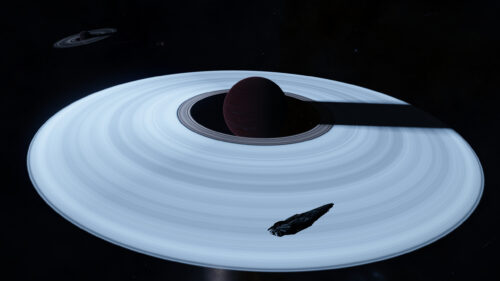 Elite Dangerous Spaceship Sailing Past Gas Giant Rings 4K Desktop Wallpaper