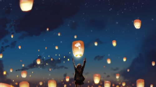 Anime Girl Releasing a Rose Lantern Into the Starry Night Sky 4K Wallpaper