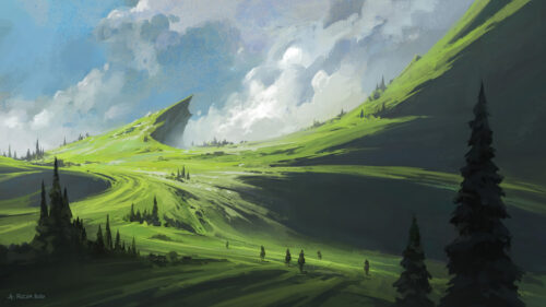 Fantasy Landscape with Riders Traveling Through Rolling Green Hills Desktop Wallpaper