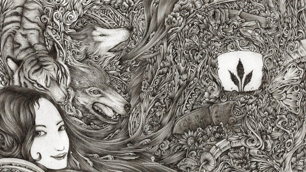 Mystical Black and White Illustration with Tiger Wolf and Portrait Desktop Wallpaper