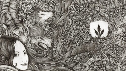 Mystical Black and White Illustration with Tiger Wolf and Portrait Desktop Wallpaper