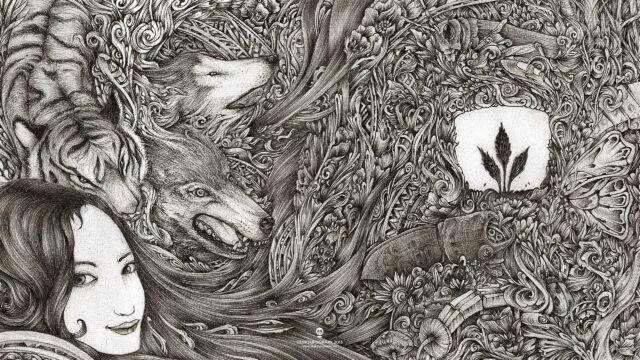 Mystical Black and White Illustration with Tiger Wolf and Portrait Desktop Wallpaper