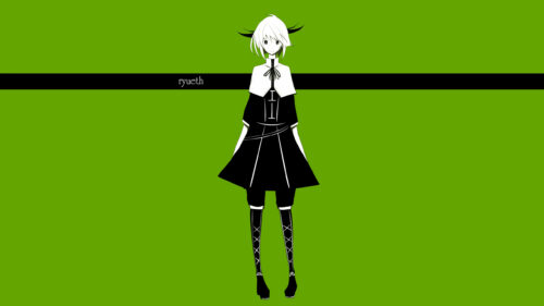 Minimalist Anime Style Character Illustration with Green Backdrop Desktop Wallpaper