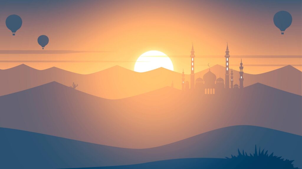 Stunning Islamic Mosque Silhouette at Sunset over Desert Landscape 4K Wallpaper