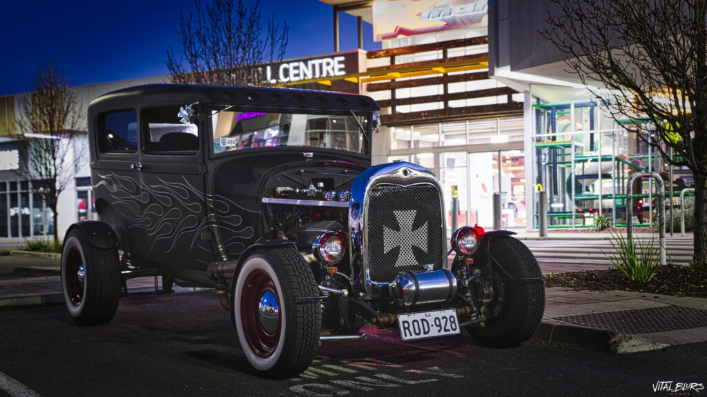 Custom Matte Black Hot Rod Vintage Car parked at Night Desktop Wallpaper