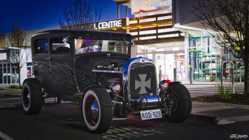 Custom Matte Black Hot Rod Vintage Car parked at Night Desktop Wallpaper