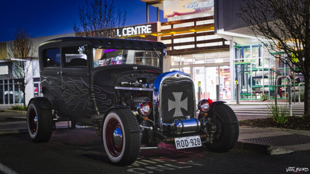 Custom Matte Black Hot Rod Vintage Car parked at Night Desktop Wallpaper