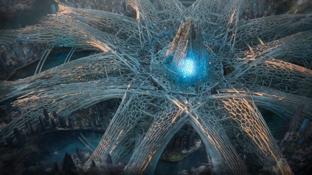 Futuristic Sci-Fi Megacity with Glowing Energy Core 4K Desktop Wallpaper