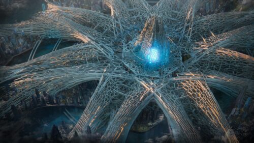 Futuristic Sci-Fi Megacity with Glowing Energy Core 4K Desktop Wallpaper
