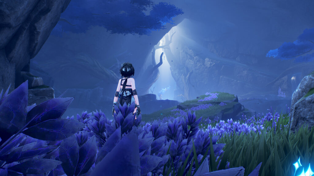 Anime Girl in Mysterious Blue Enchanted Forest Desktop Wallpaper
