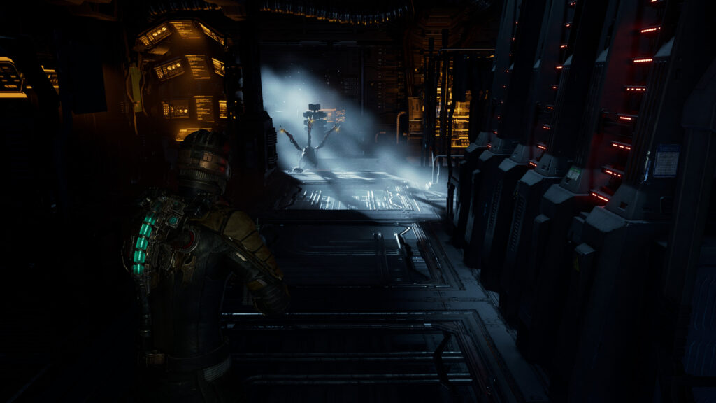 Isaac Clarke Confronting a Necromorph in Dead Space Remake Desktop Wallpaper