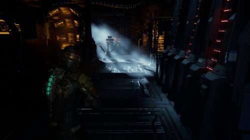 Isaac Clarke Confronting a Necromorph in Dead Space Remake Desktop Wallpaper