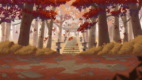 Serene Japanese Temple Entrance with Falling Maple Leaves PC Wallpaper