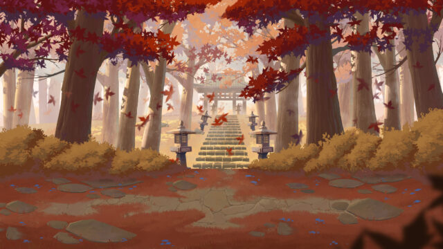 Serene Japanese Temple Entrance with Falling Maple Leaves PC Wallpaper