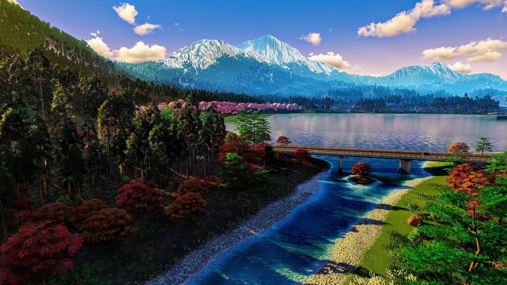 Serene Mountain Landscape with Cherry Blossoms and River Bridge Desktop Wallpaper