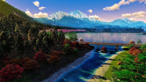 Serene Mountain Landscape with Cherry Blossoms and River Bridge Desktop Wallpaper