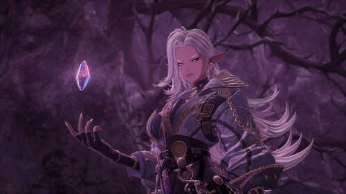 Stunning Elf Sorceress with Floating Magical Crystal 4K Desktop Wallpaper