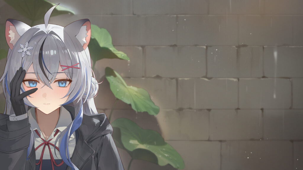 Anime Girl with Cat Ears and Snowflake Hairpin Rain Aesthetic 4K Wallpaper