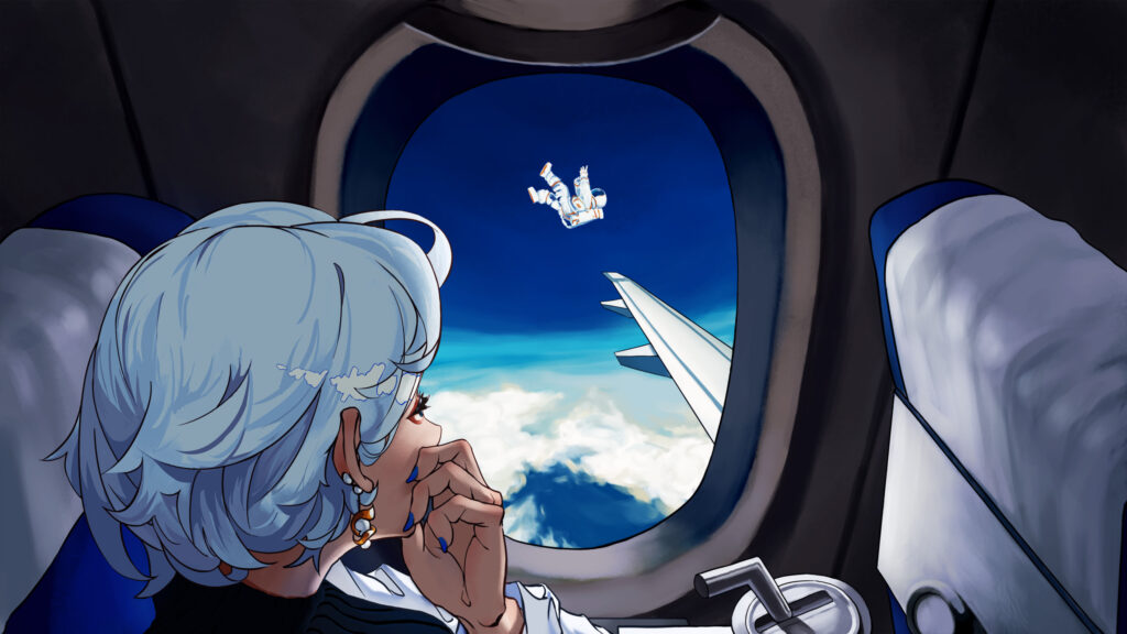 Anime Girl Looking at Floating Astronaut from Airplane Window 4K Desktop Wallpaper
