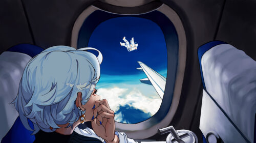 Anime Girl Looking at Floating Astronaut from Airplane Window 4K Desktop Wallpaper