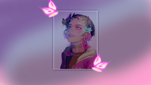Aesthetic Anime Girl with Neon Butterflies and Flowers Desktop Wallpaper