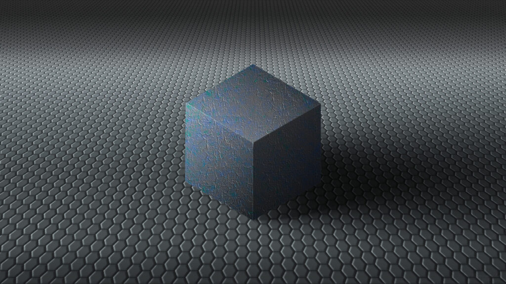 Abstract 3D Metallic Cube on Hexagonal Pattern Desktop Wallpaper